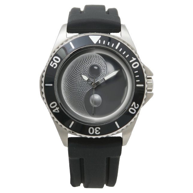 Montre Yin Yang en noir et argent 3D (devant)