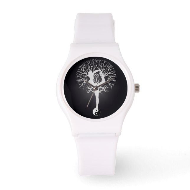 Montre Yoga noir et blanc avec femme et yin yang. (Recto)