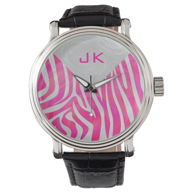 Montre Zebra Hot rose et blanc avec Monogramme (devant)
