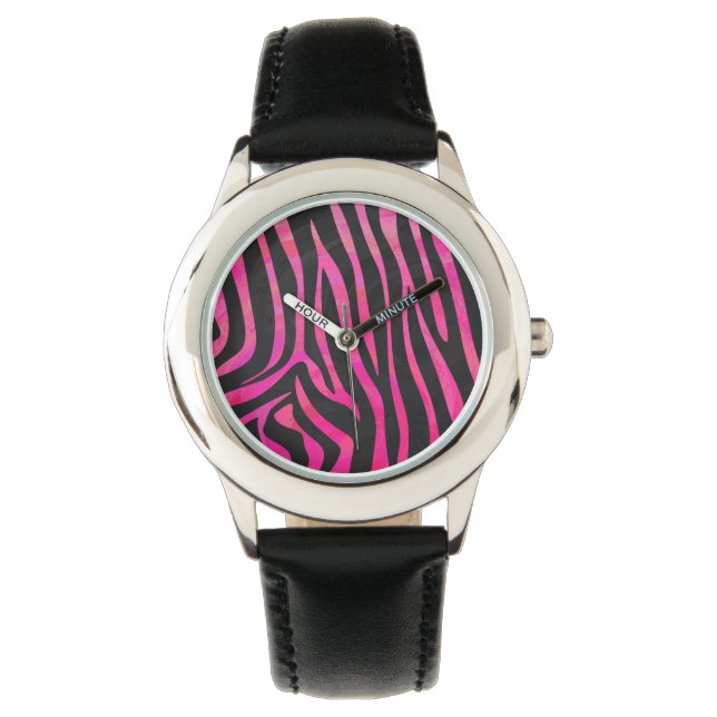 Montre Zebra noir et rose chaud (devant)