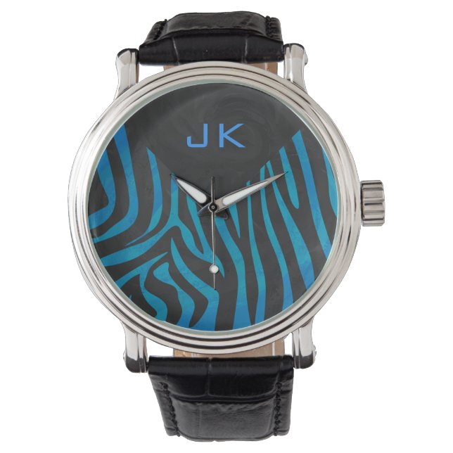 Montre Zèbre noir et bleu avec Monogramme (devant)