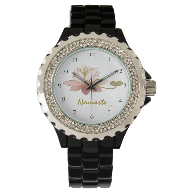 Montre *~* Zen Namaste Rose Lotus Fleur Spirituel Noir (devant)