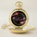 Montres De Poche 30th birthday black gold florals geometric<br><div class="desc">Un cadeau ou un souvenir pour un 30e anniversaire. Un arrière - plan noir chic avec un cadre géométrique en faux or. Décoré de fleurs violettes foncées et bordeaux, de plumes roses et boho. Modèles pour un nom, un âge et une date. Date de naissance ou date de la fête....</div>