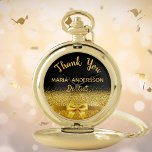 Montres De Poche dentiste de retraite noir or arc merci<br><div class="desc">Élégant,  classique,  glamour et féminin. Un cadeau pour une dentiste retraitée. Un arc et un ruban de couleur or. Arrière - plan noir. Avec le texte : Merci,  modèles pour un nom et une profession,  profession.</div>
