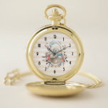 Montres De Poche Mignonne lapin dans un panier avec des oeufs et de<br><div class="desc">Montre de poche avec un visage d'horloge art déco. Conçu avec une pêche et un motif rayé blanc. Illustration numérique à base d'aquarelles. Un charmant lapin lapin portant une robe bleue assis dans un panier entouré de ses oeufs. Des papillons flottent autour de la corbeille décorée d'un bouquet de fleurs...</div>