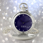 Montres De Poche Moderne Élégant Monogramme Classique Marine Blue M<br><div class="desc">Créez votre propre personnalisation, personnalisées, élégante, moderne classe, belle élégante typographie faux script argent monogrammed, classique, chiffres romains, chic, alliage de qualité, marine bleu et argent montre de poche. Entrez simplement votre nom / monogramme / initial, pour customiser. Fait un grand cadeau, pour l'anniversaire, la remise des diplômes, la fête...</div>