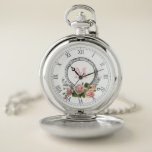 Montres De Poche Roses roses vintages, cadre gravé et monogramme<br><div class="desc">Cadre floral rond gravé et gris avec espace pour monogramme orné de roses vintages sur arrière - plan transparent. Chaque élément graphique peut être redimensionné et repositionné. Chiffres romains faux argent en option.</div>