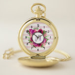 Montres De Poche Rosier rose et bouquet floral de crapaud<br><div class="desc">Une montre de poche avec un bouquet fleuri composé de roses rose clair et de pavots rose foncé avec beaucoup de feuilles verdoyants. Un cadre superposé pour placer votre lettre monogramme personnalisée à l'intérieur. L'arrière - plan est une douce motif rayée rose pastel.</div>