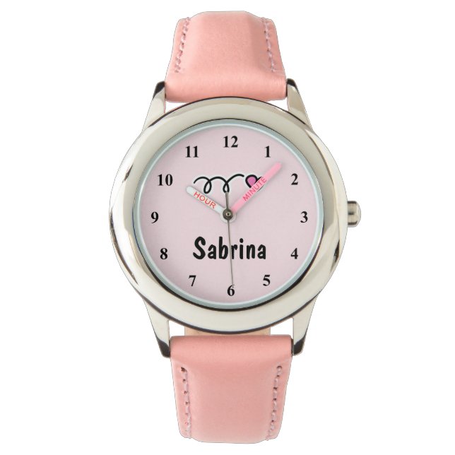 Montres pour enfants avec coeur rose et nom de l'e (devant)