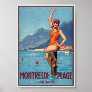 Montreux Plage Suisse Poster vintage vers 1920