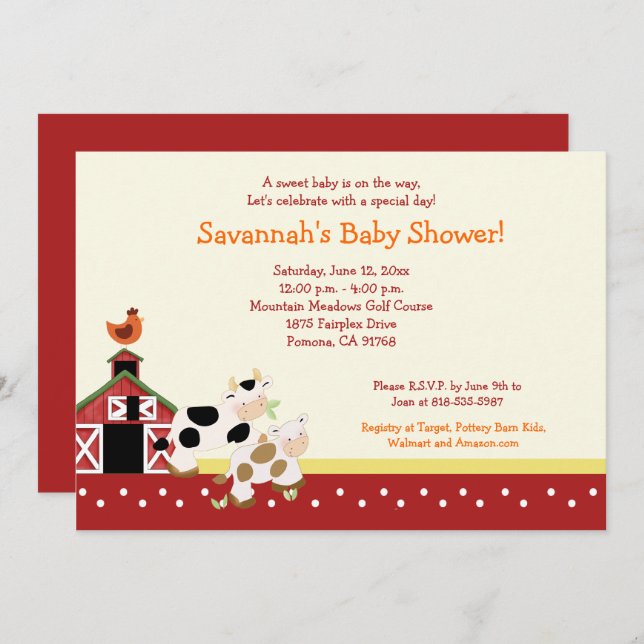 Moo Cow Farm Barnyard Baby Shower Invitations 5x7 (Devant / Derrière)