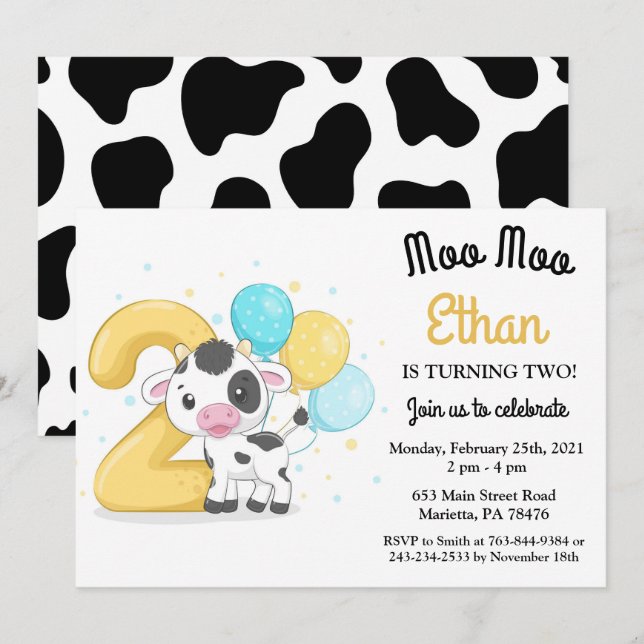 Moo Moo j'ai deux ans Carte d'invitation pour la 2 (Devant / Derrière)