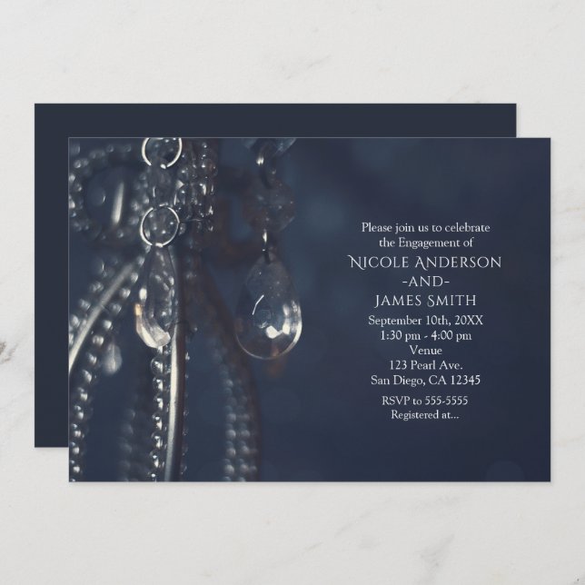 Moody Blue Elegant Crystal Fiançailles Invitations (Devant / Derrière)