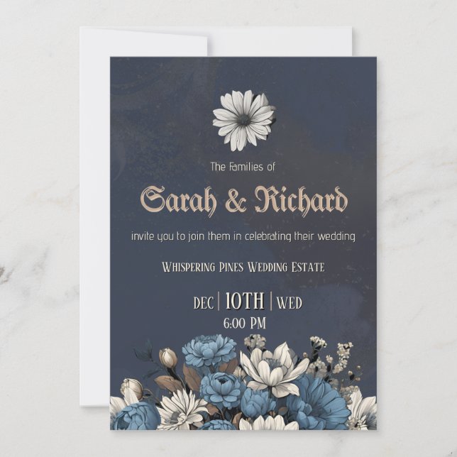 Moody Blue Floral Folal Photo Invitation (Devant)