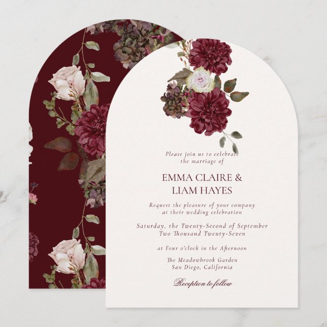 Moody Burgundy Arched Autumn Wedding Invitation (Devant / Derrière)