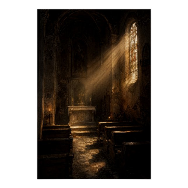 Moody Dark Academia Chapel Sunbeam Fine Art Poster (Devant)