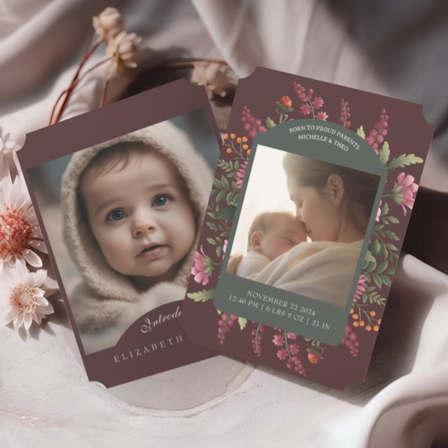 Moody Fall Floral Two Photo Faire-part de naissanc (Créateur téléchargé)