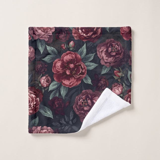 Moody Florals Watercolor Dark Red Pattern (Gant de toilette)