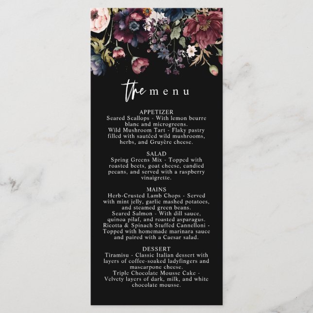 Moody Mariage Menu, Menu Noir, Aquarelle Florale (Devant)