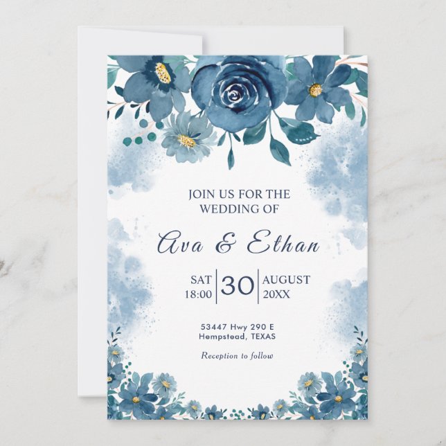 Moody Navy Blue Smoke Floral Invitation (Devant)