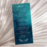 Moody Ocean Watercolor Mariage Dinner Menu<br><div class="desc">Ce menu moody ocean watercolor mariage est parfait pour votre simple mariage de saumons tropicaux. Il est conçu avec des feuilles tropicaux blancs minimalistes et un étonnant arrière - plan bleu-vert foncé.</div>