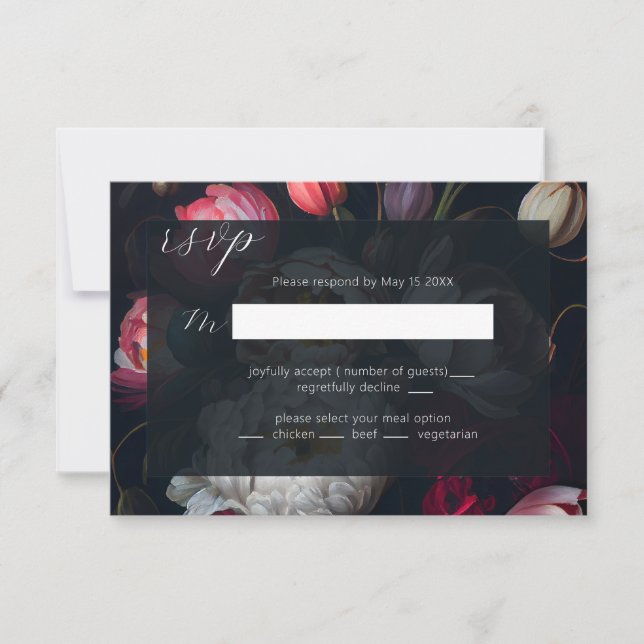 Moody Peony, Mariage peint noir carte RSVP (Devant)