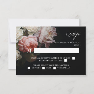 Moody Peony Rose Floral Mariage noir carte RSVP