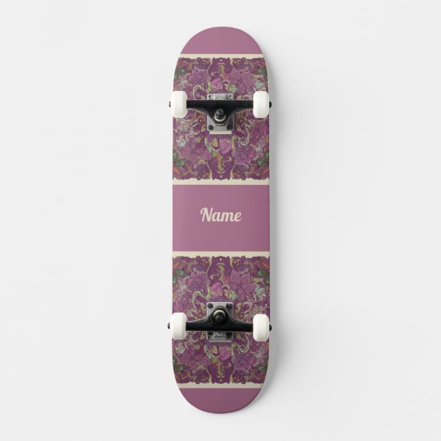 Moody Plum Floral Doodle Art Skateboard (Recto)