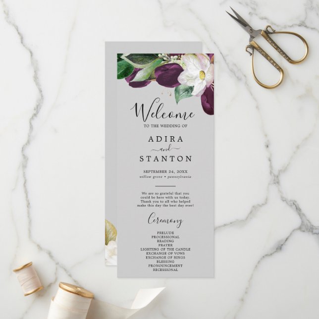 Moody Purple Blooms | Programme de mariage gris (Devant/Arrière en situation)
