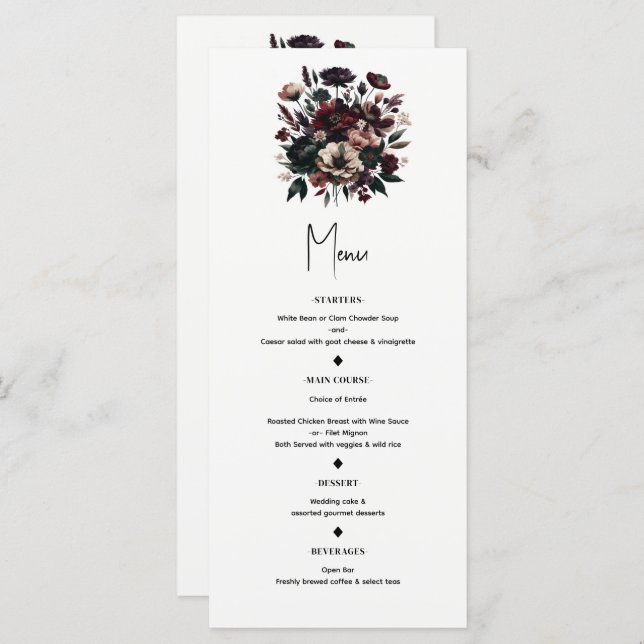 Moody Rustic Garden Florals Bohemian Mariage Menu (Devant / Derrière)