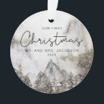 Moody Winter Watercolor Mountain First Christmas<br><div class="desc">Cet ornement de Noël présente une scène d'hiver moody watercolor montagne avec une police manuscrite amusante. Ce ornement fait le cadeau parfait pour le couple marié ou récemment engagé qui célèbre ensemble leur premier Noël.</div>