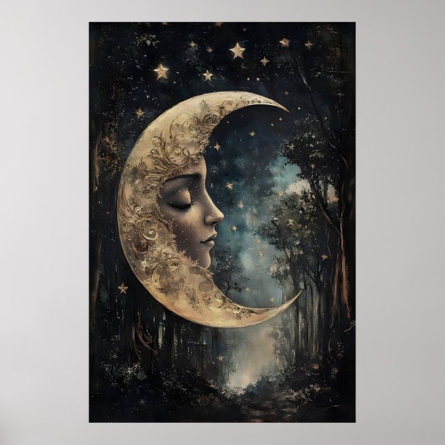 Moon Face In Forest Print, Gothic Witchy Poster (Devant)