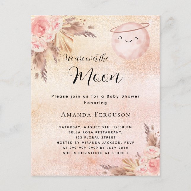 Moon pampas blush budget baby shower invitation (Devant)