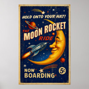 Moon Rocket Ride Poster vintage - retro sci-fi
