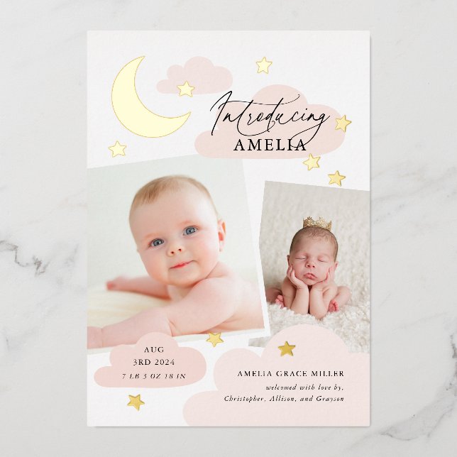 Moon Stars Photo Collage Faire-part de naissance r (Recto)