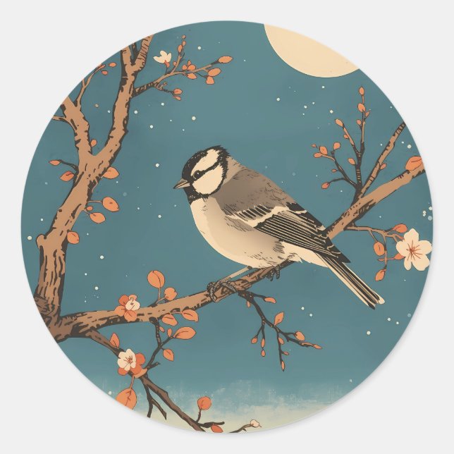 Moonlit Bird on Blossom Branch Stickers (Devant)