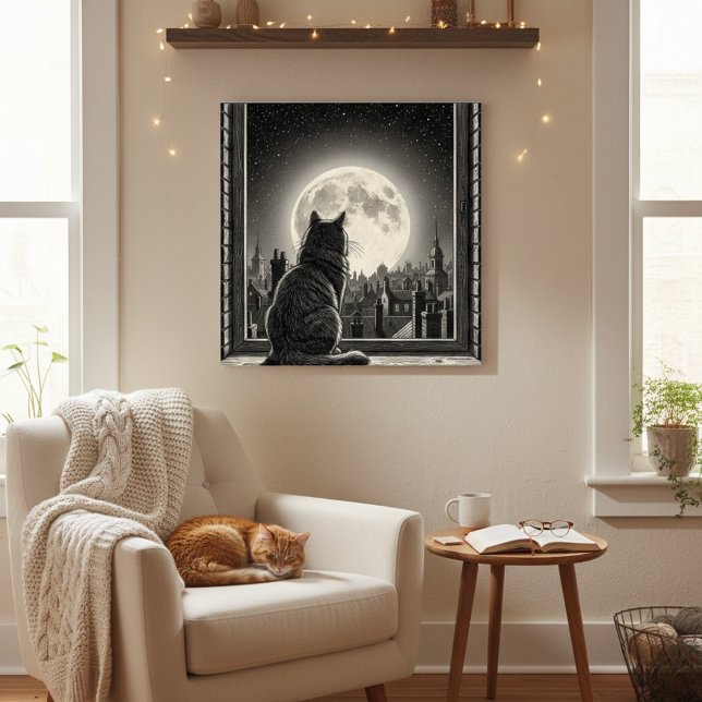 Moonlit Cityscape Cat Poster Black & White Noir  (Créateur téléchargé)