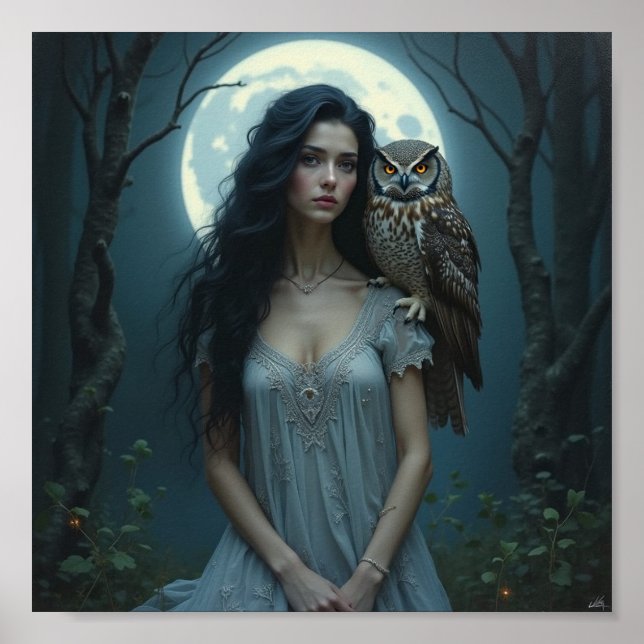 Moonlit Guardian – Fantasy Woman & Owl Art Poster (Devant)