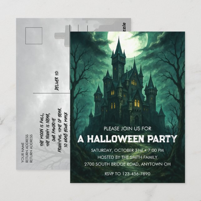 Moonlit Haunted Castle Halloween Party Invitation (Devant / Derrière)