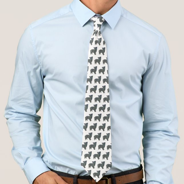 Morkie Chien Silhouette Jaune & Bleu Blanc Cravate (Morkie white tie with grid abstract dog breed silhouette )