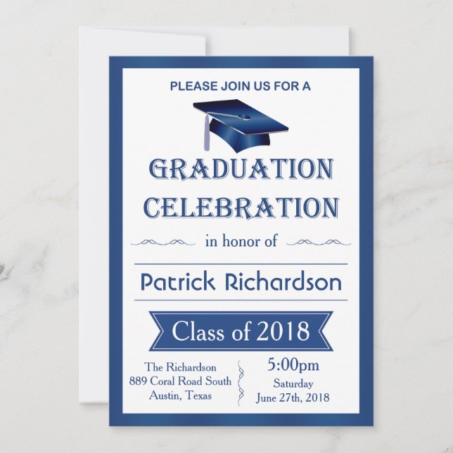 Mortier, bleu & blanc Graduation Party Invitation (Devant)