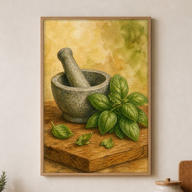 Mortier et Pilon avec Basilic Affiche Aquarelle (Shown framed for scale. Poster ships unframed; frames are an optional add-on.)