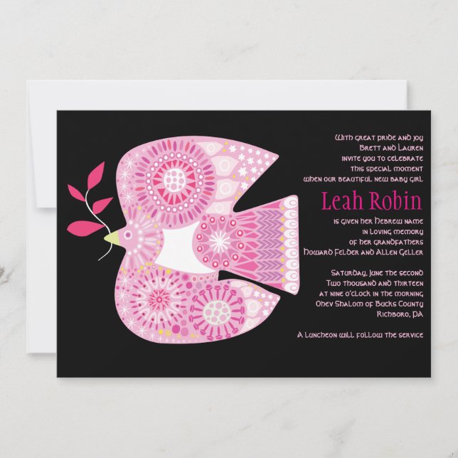 MOSAIC DOVE de la PAIX Juif Baby Naming Invitation (Devant)