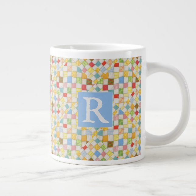 MOSAIC QUILT Grosse Mug Blanc + Texte / Bleu (Droite)