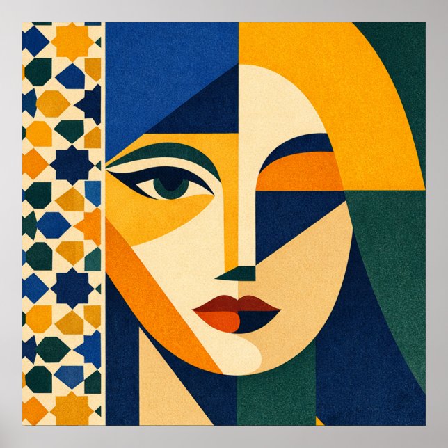 Mosaic Woman Portrait Art Geometric Boho Poster (Devant)