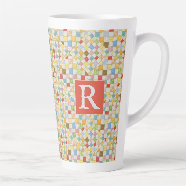 MOSAÏQUE QUILT Tall Latte Mug + Texte / Rouge (Droite)