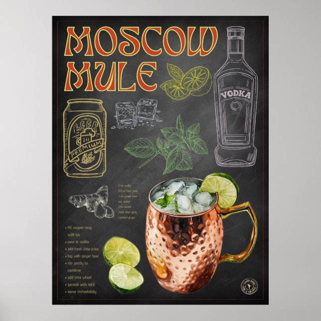 Moscou Mule Recette Tableau noir Cocktail Bar Art (Devant)