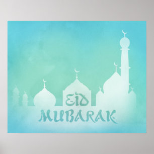 Mosquée Aquarelle bleue de l'Aïd Moubarak - Poster