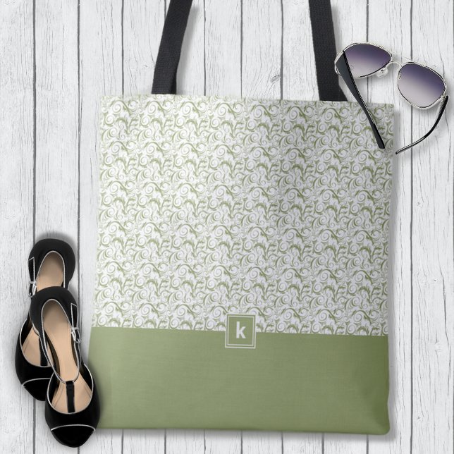 Moss Green Damask Patte Monogramme Sac fourre-tout (Créateur téléchargé)