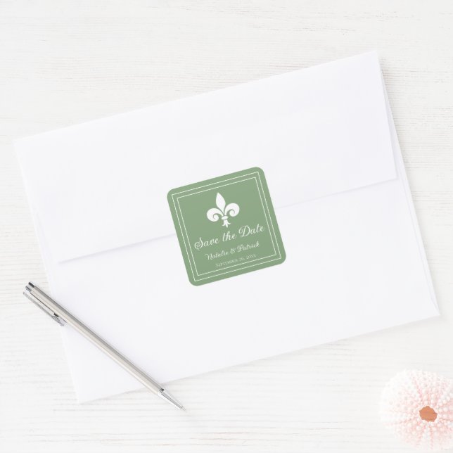 Moss Green Fleur de Lis Économisez Stickers Date (Enveloppe)